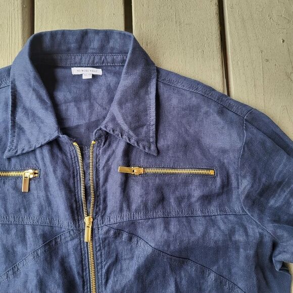 WeWoreWhat Utility Jumpsuit Linen Long Sleeve Gold Zip Collared Blue Size XL - Picture 10 of 12